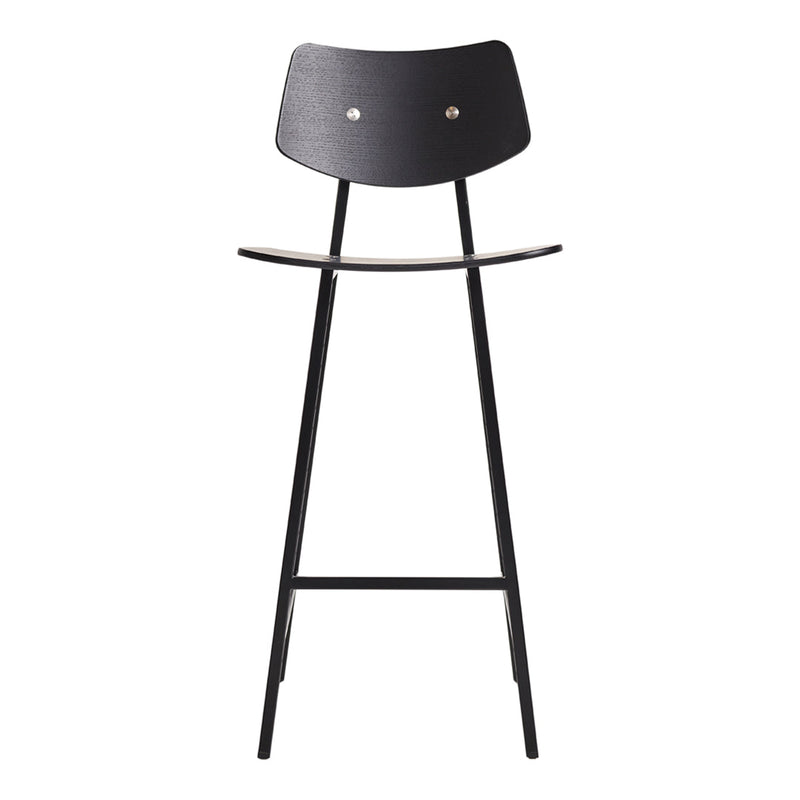 Black wooden bar stool with a minimalist design and two circular accents on the backrest.