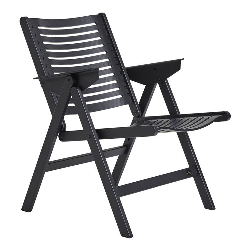 Black folding chair with slatted design and sleek minimalist style, perfect for modern outdoor settings.