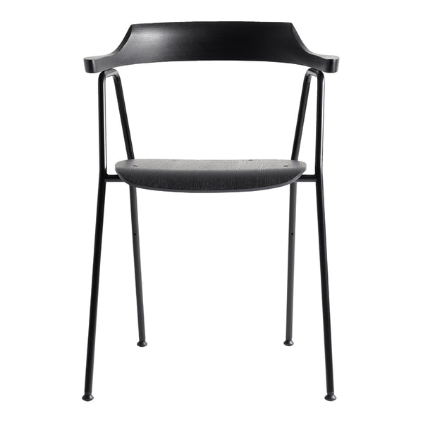 Black minimalist chair with smooth, sleek surfaces and simple, modern design. Perfect for contemporary spaces.