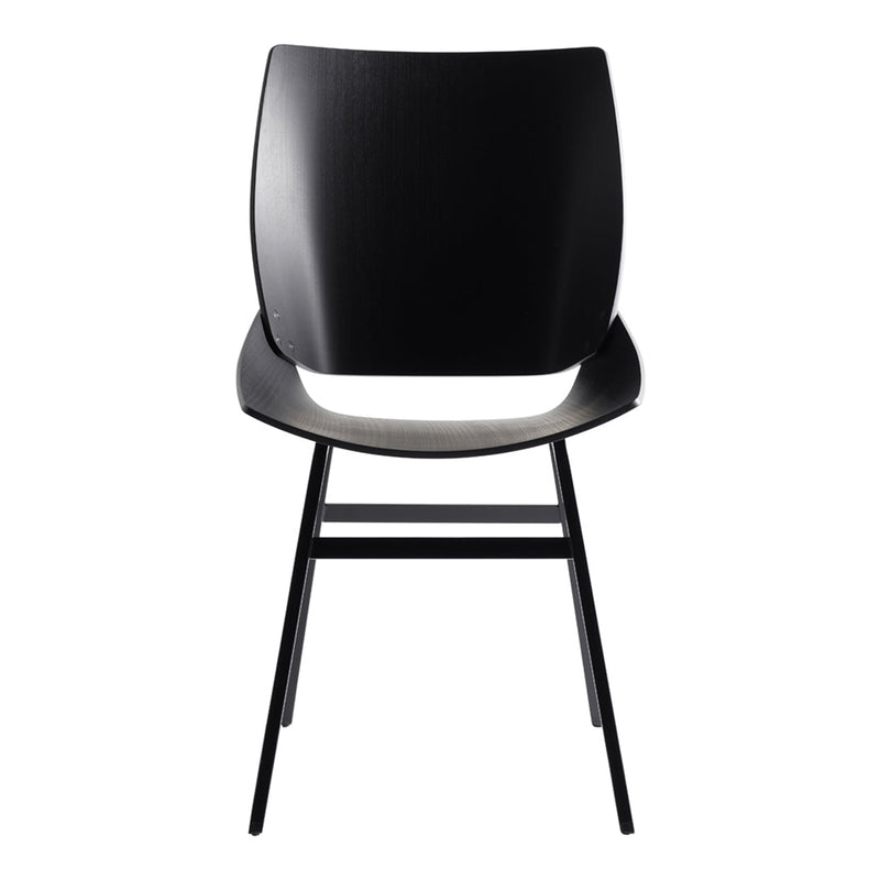 Black wooden chair with a sleek, minimal design and smooth finish. Perfect for modern decor.