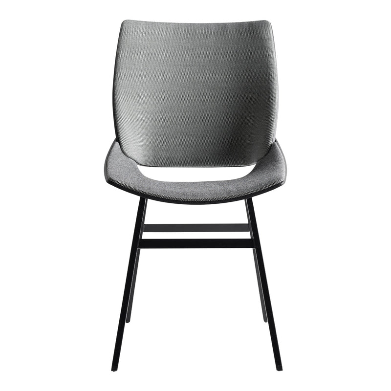 Gray upholstered chair with a sleek black metal frame, featuring a minimalist design and smooth texture.