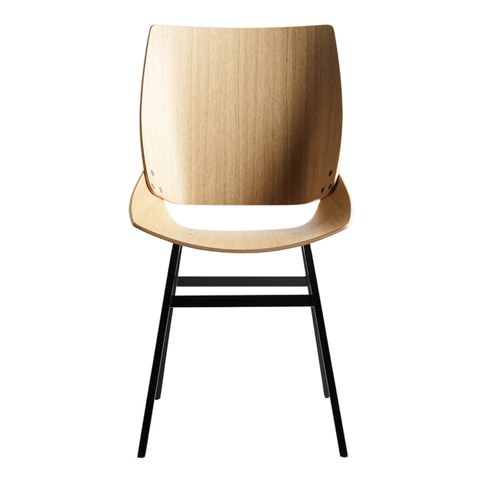 Wooden chair with a light natural finish, sleek black metal legs, and a minimalist design. Perfect for modern decor.