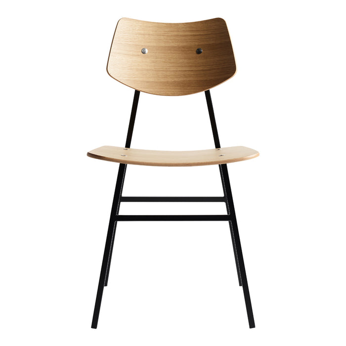 Sleek wooden chair with a natural wood finish and contrasting black metal legs for a modern aesthetic.