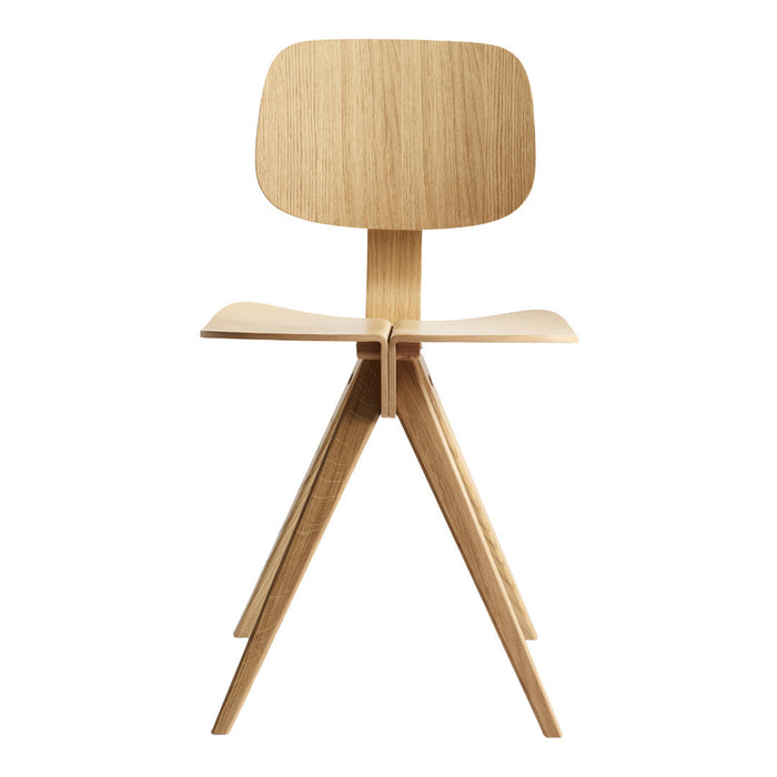 Natural wood chair with a light oak finish and sleek, minimalist design featuring smooth, curved lines.