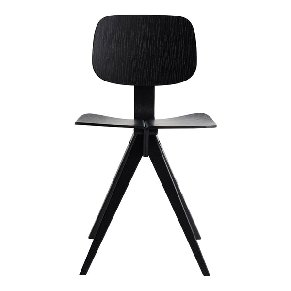 Black wooden chair with a sleek minimalist design and triangular legs, showcasing a smooth, dark finish.