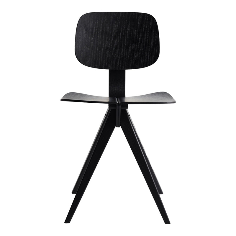 Black wooden chair with a sleek minimalist design and triangular legs, showcasing a smooth, dark finish.