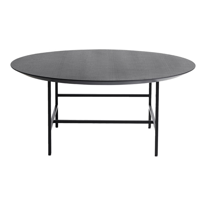 Round black tabletop with a smooth finish, supported by a minimalist black metal frame. Ideal for modern decor.