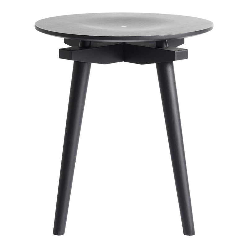 Black round side table with a smooth top and contrasting geometric legs. Elegant modern design for any decor.