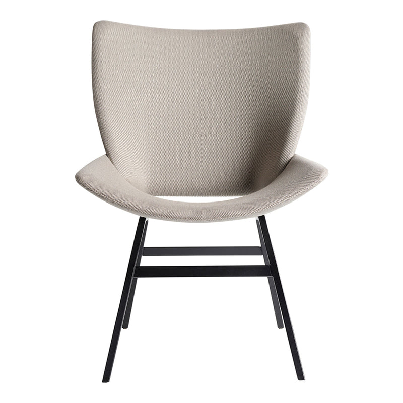 Beige textured chair with sleek black legs, featuring a minimalist and modern design. Ideal for contemporary decor.