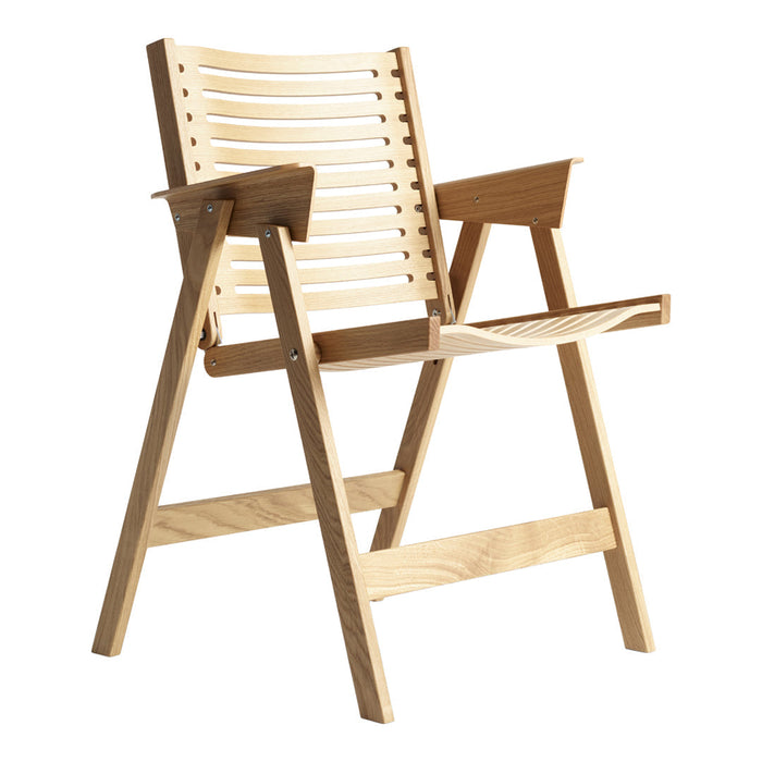 Natural wood chair with a light finish, featuring sleek slatted design and minimalist style. Perfect for modern decor.