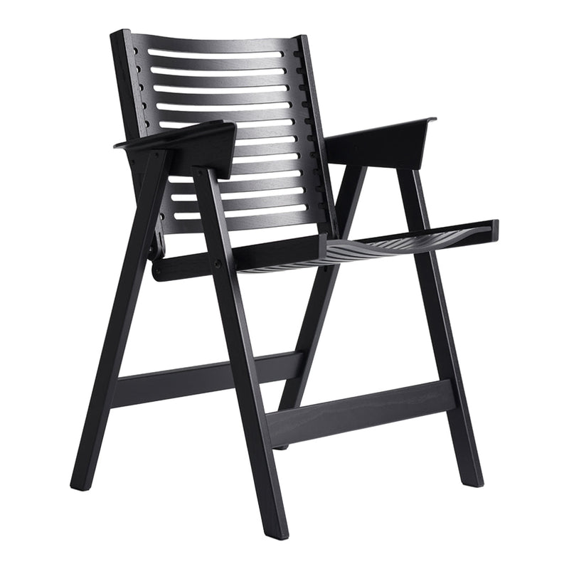 Black slatted chair with a minimalist design and modern lines, ideal for stylish outdoor or indoor settings.