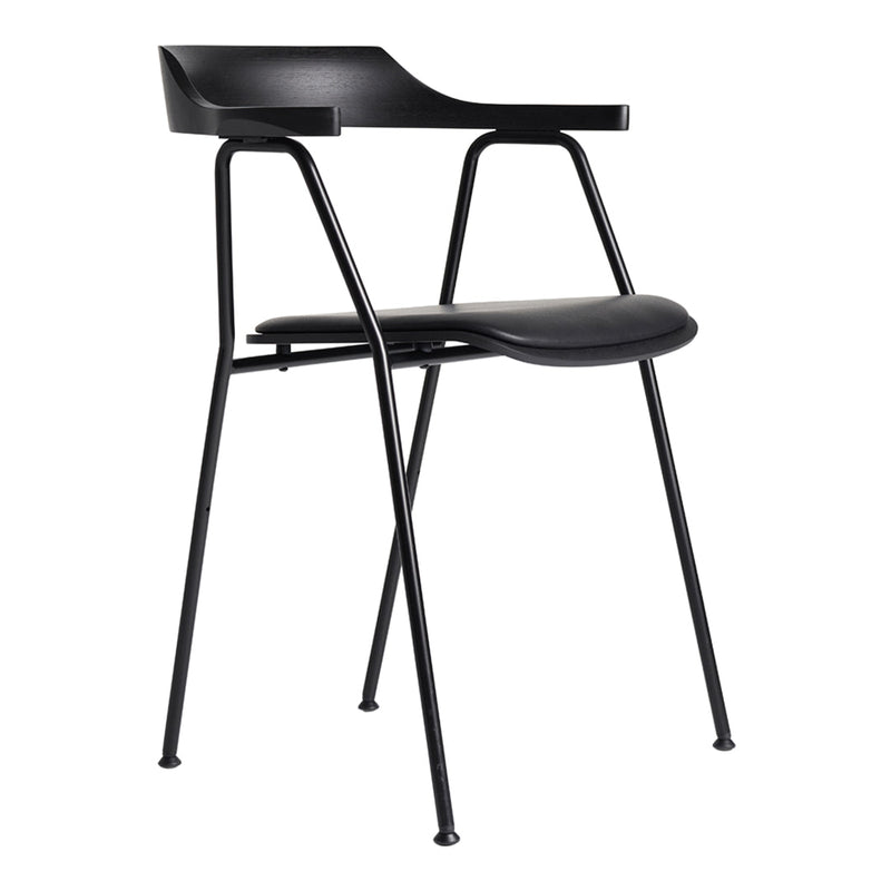 Sleek black chair with minimalist design and smooth finishes, featuring a solid black seat and slender black legs.