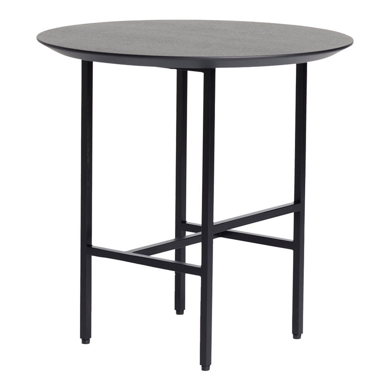 Round black table with a smooth surface and sleek metal legs. Modern, minimalist design perfect for any space.