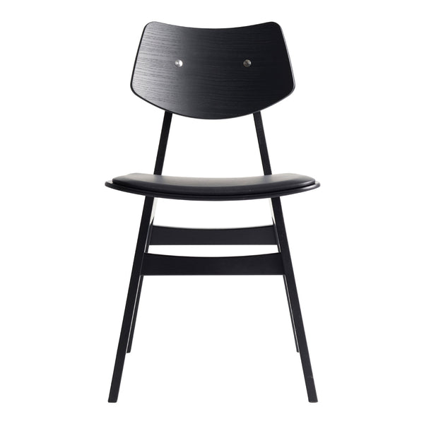Black wooden chair with a sleek, minimal design and smooth finish, featuring a simple pattern and stylish shape.