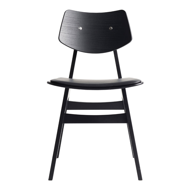 Black wooden chair with a sleek, minimal design and smooth finish, featuring a simple pattern and stylish shape.