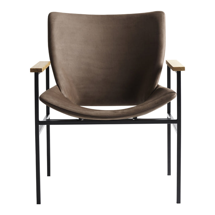 Brown leather lounge chair with black metal frame and wooden armrests, featuring a smooth, contemporary design.