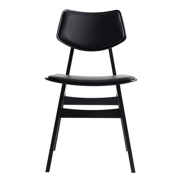 Black modern chair with a sleek design and minimalist style, featuring a smooth finish and simple lines.
