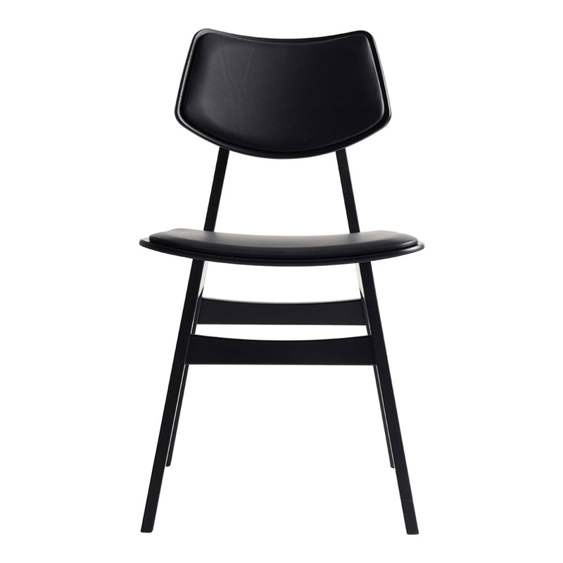 Black modern chair with a sleek design and minimalist style, featuring a smooth finish and simple lines.