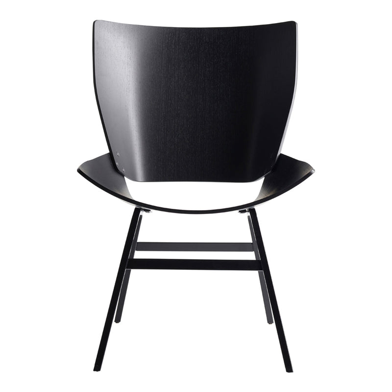 Black wooden chair with a sleek, curved backrest and minimalist design. Ideal for modern decor.