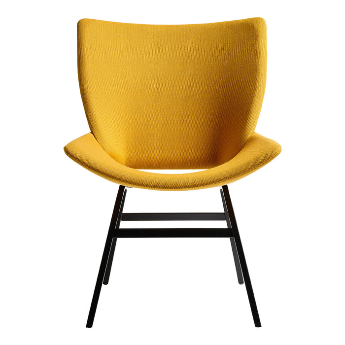 Stylish yellow ribbed chair with a black metal frame, perfect for modern decor.