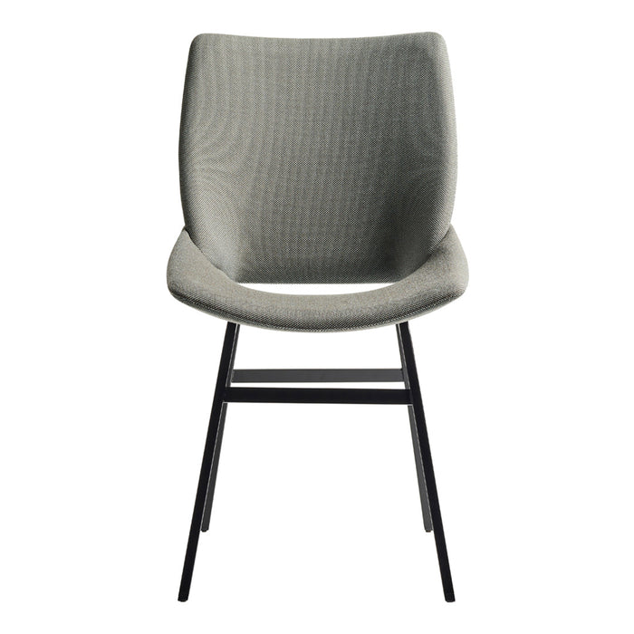 Gray upholstered chair with subtle textured pattern and sleek black metal legs.