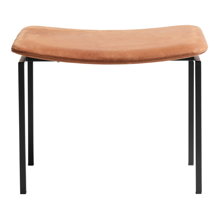 Brown suede stool with a smooth surface, supported by sleek black metal legs, offering a modern, minimalist design.