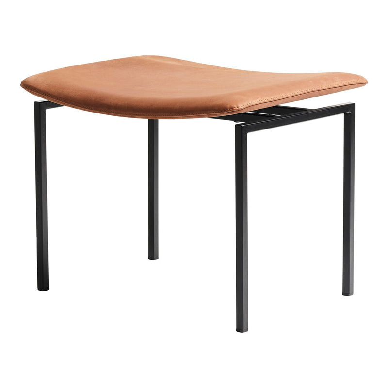 Brown leather seat on a sleek black metal frame with a minimalist design. Perfect for modern decor.