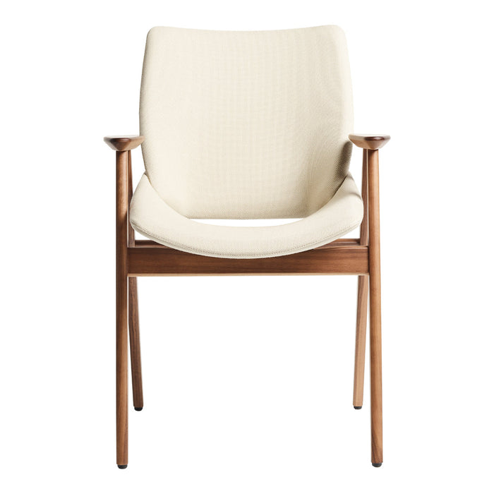 Cream upholstery with subtle ribbing on a walnut frame, offering a clean and modern design.