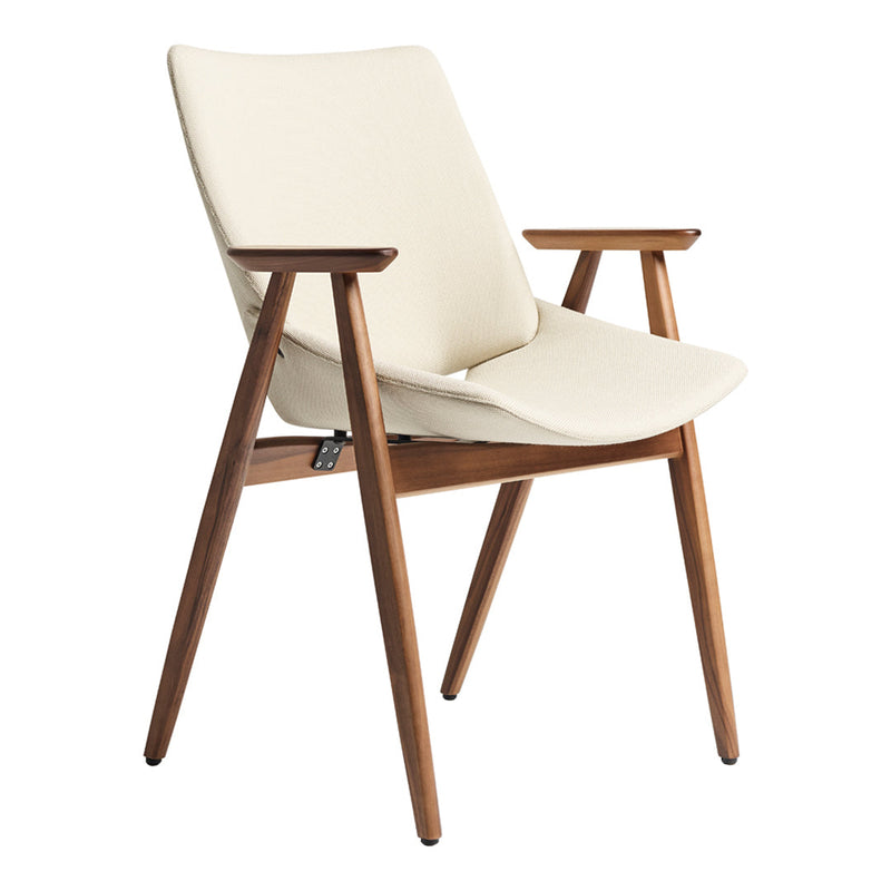 Cream-colored chair with wooden legs, featuring sleek lines and minimalist design. Perfect for modern decor.