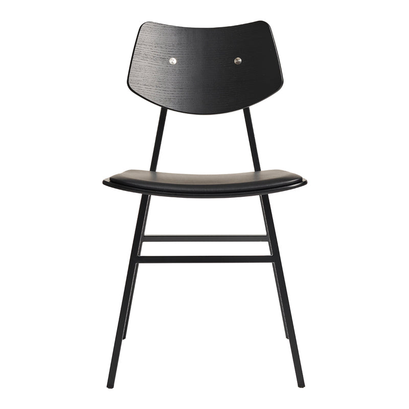 Black minimalist chair with a smooth wooden seat and back, featuring a sleek, modern design and simple lines.
