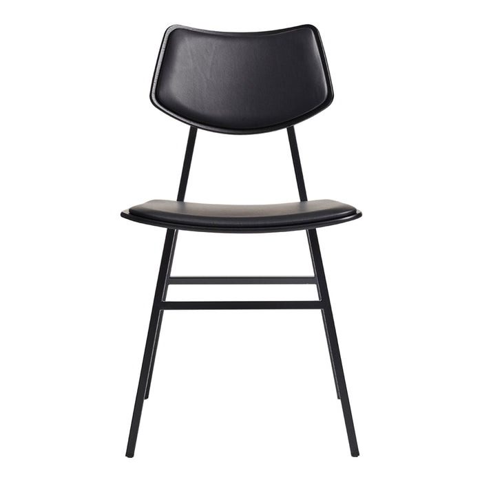 Sleek black chair with a smooth leather seat, featuring a minimalist design and clean lines. Perfect for modern spaces.