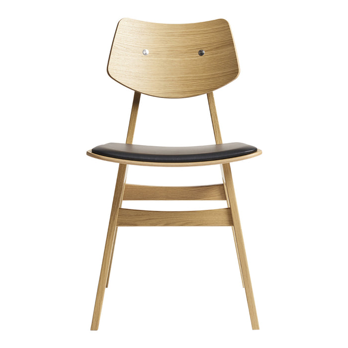 Natural wood chair with a light oak finish and a sleek black seat, featuring minimalist design and smooth lines.