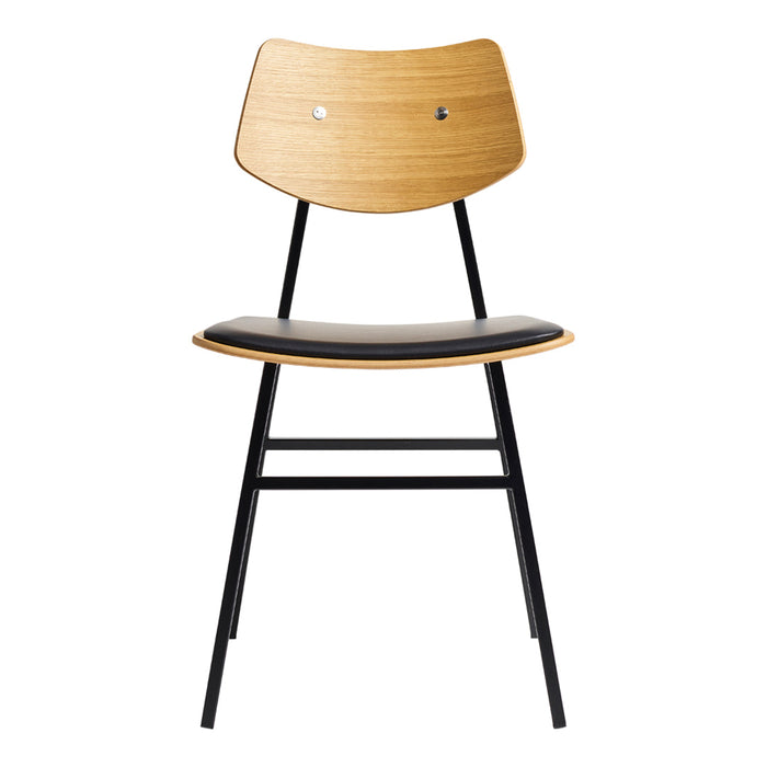 Wooden chair with a light natural finish and a black seat, featuring simple, modern lines and minimalistic design.