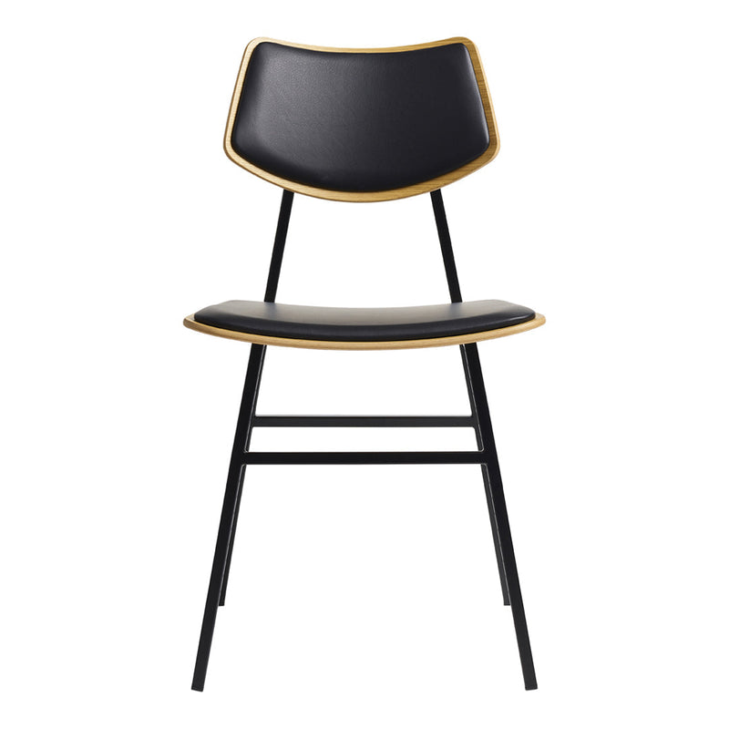 Black chair with a sleek design, featuring a wooden trim and black metal frame for a modern touch.
