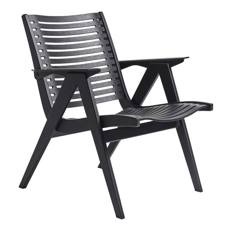 Black slatted outdoor chair with modern lines and a minimalist design. Ideal for patio or garden settings.