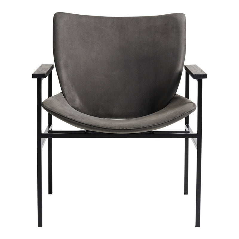 Gray leather armchair with a smooth, minimalist design and black metal frame, perfect for modern decor.