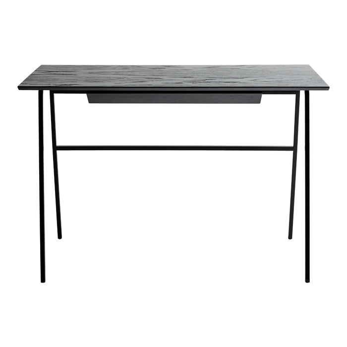 Black wooden desk with a sleek, smooth surface and minimalist black metal legs. Modern and stylish design.