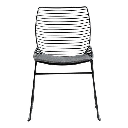 Black metal chair with sleek horizontal lines and a minimalist design, featuring a dark gray seating area.