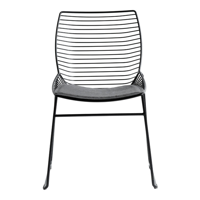 Black metal chair with sleek horizontal lines and a minimalist design, featuring a dark gray seating area.