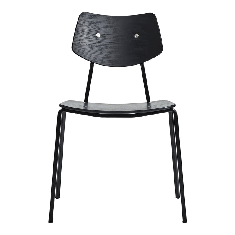 Sleek black chair with a smooth wooden backrest and metal legs, featuring simple, modern design elements.