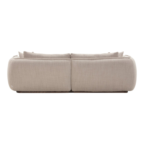 Beige upholstered sofa with textured fabric and soft round edges, perfect for modern living spaces.