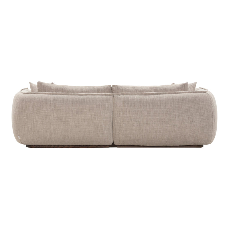 Beige upholstered sofa with textured fabric and soft round edges, perfect for modern living spaces.