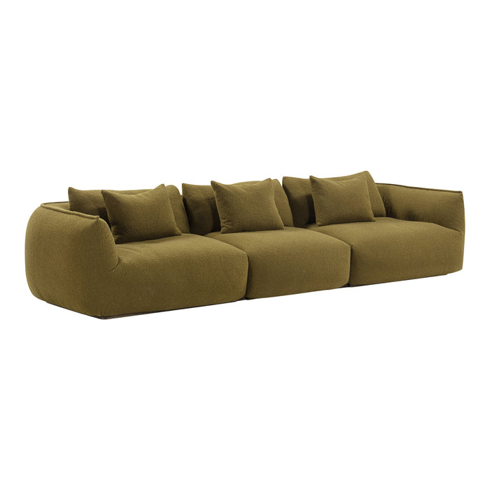 Olive green, plush fabric sofa with soft, textured finish and matching cushions for a cozy, modern look.