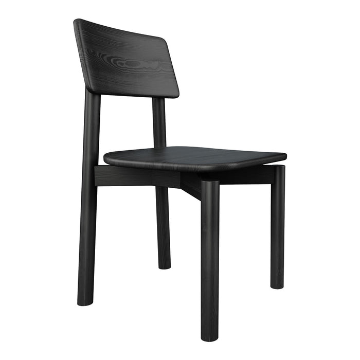 Black wooden chair with a minimalist design and smooth, simple lines. Ideal for modern and contemporary decor.