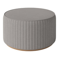 Gray ribbed round ottoman with a wooden base, featuring a soft texture and contemporary design.