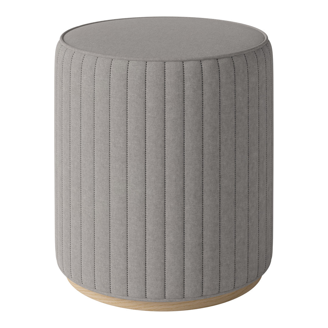 Gray ribbed upholstered stool with a wooden base, perfect for modern decor.