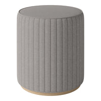 Gray ribbed upholstered stool with a wooden base, perfect for modern decor.