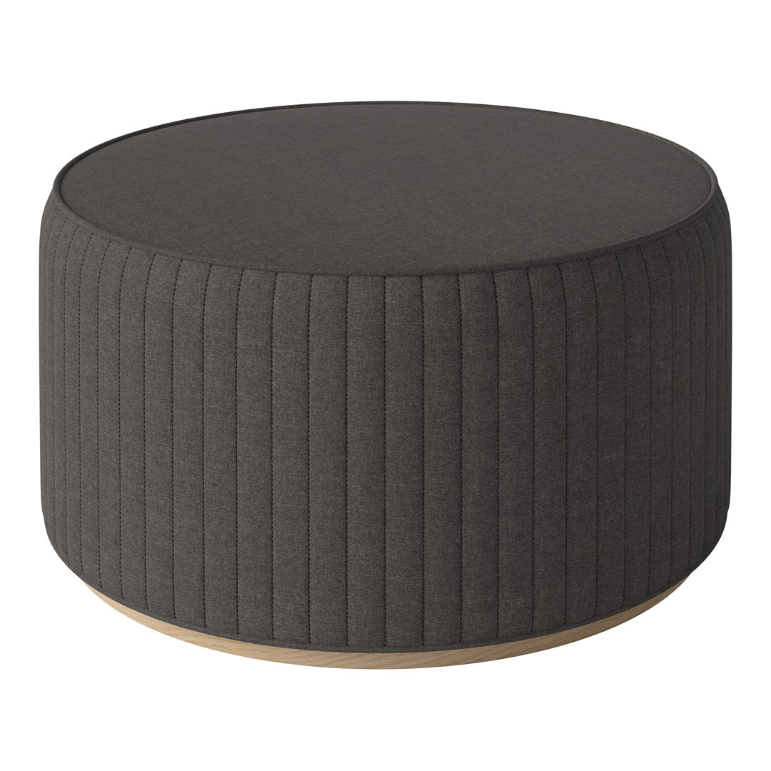 Soft gray ribbed fabric ottoman with a smooth wooden base. Ideal for modern decor.