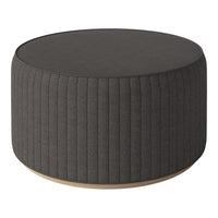 Soft gray ribbed fabric ottoman with a smooth wooden base. Ideal for modern decor.