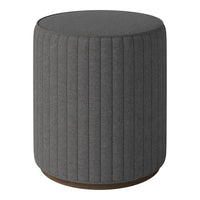 Gray ribbed upholstered stool with a smooth top and wooden base, ideal for modern decor.